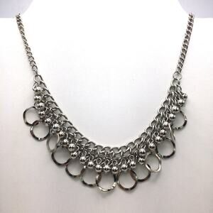 Silver Tone Circle Dangle Fringed Micro Bib Choker Necklace Chainmaille
